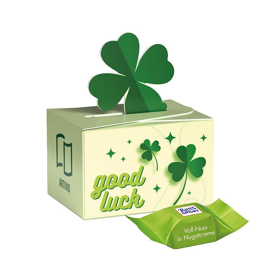 Mini gift box cloverleaf, Ritter SPORT chocolate cubes whole Hazelnut in Praline Cream - 