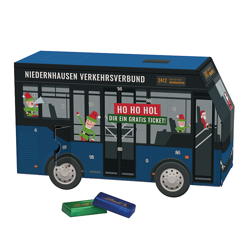 Adventní kalendář autobus, Lindt mini čokoládové tyčinky - Adventní kalendář autobus, Lindt mini čokoládové tyčinky -