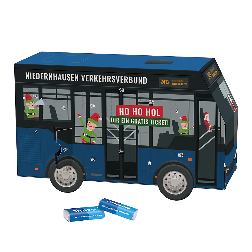 Adventní kalendář autobus, share mini čokoládové tyčinky - Adventní kalendář autobus, share mini čokoládové tyčinky -