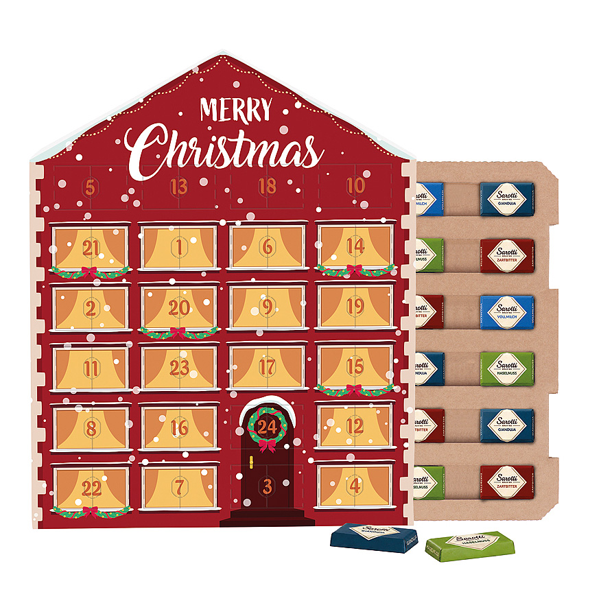 Adventní kalendář s mini tyčinkami domeček ECO, kartonová vložka, Sarotti mini čokoládové tyčinky - Adventní kalendář s mini tyčinkami domeček ECO, kartonová vložka, Sarotti mini čokoládové tyčinky -