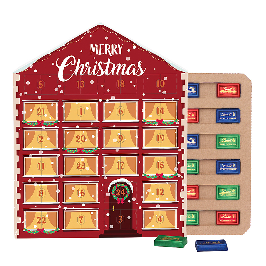 Adventní kalendář s mini tyčinkami domeček ECO, kartonová vložka, Lindt mini čokoládové tyčinky - Adventní kalendář s mini tyčinkami domeček ECO, kartonová vložka, Lindt mini čokoládové tyčinky -