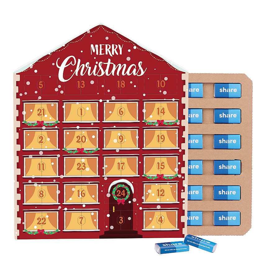 Adventní kalendář s mini tyčinkami domeček ECO, kartonová vložka, share mini čokoládové tyčinky - Adventní kalendář s mini tyčinkami domeček ECO, kartonová vložka, share mini čokoládové tyčinky -