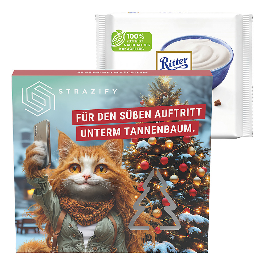 Reklamní pouzdro, výsek vánoční stromek, Ritter SPORT jogurtová čokoláda - Reklamní pouzdro, výsek vánoční stromek, Ritter SPORT jogurtová čokoláda -
