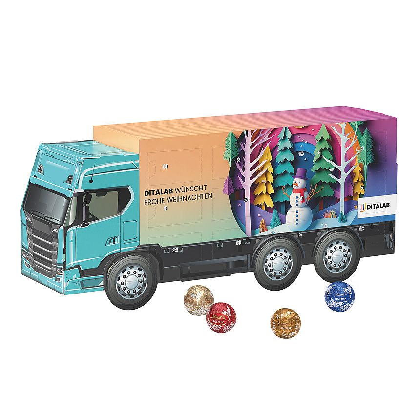 Adventní kalendář kamion, Lindt LINDOR mini kuličky - Adventní kalendář kamion, Lindt LINDOR mini kuličky -