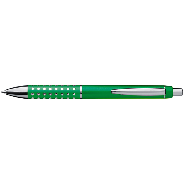 Plastové guľôčkové pero s trblietavými ozdobami a veľkou modrou náplňou. Ako potlač odporúčame tampoprint.  - zelená - foto