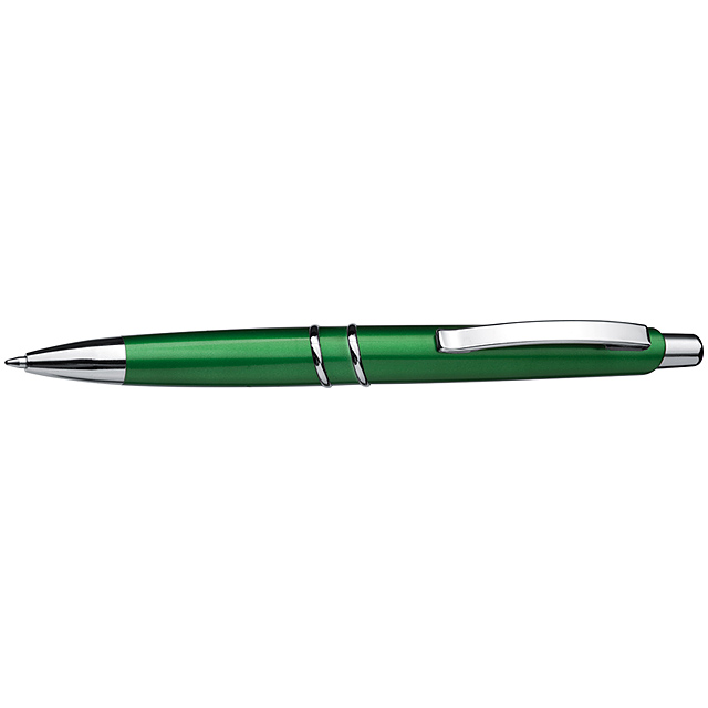 Ball pen with silver-coloured ornamental rings - green