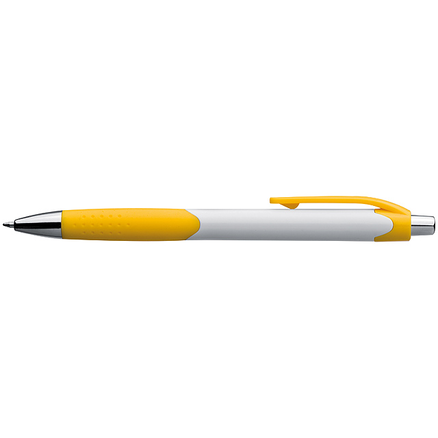 Plastic ball pen with a white shaft and Guma grip zone - yellow