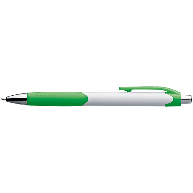 Plastic ball pen with a white shaft and Guma grip zone - green