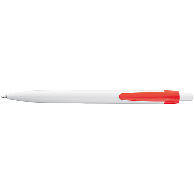 White plastic ball pen with coloured clip - red