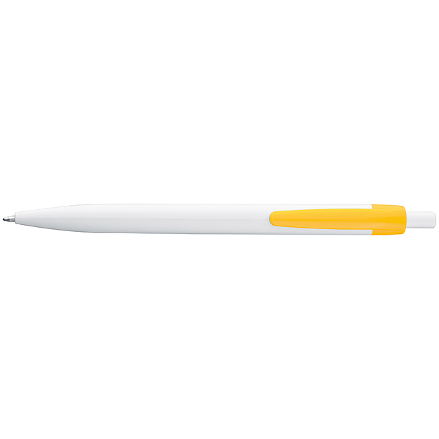 White plastic ball pen with coloured clip - yellow