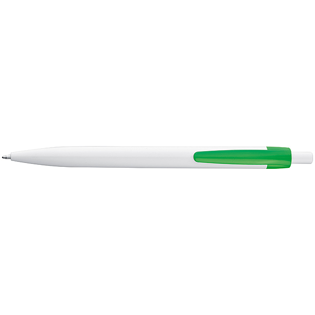 White plastic ball pen with coloured clip - green