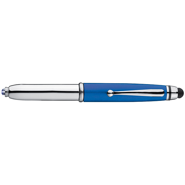 Guľôčkové pero s modrou náplňou a LED svetlom. Plastový vrchnák LED svetla sa skvele hodí aj na ovládanie dotykových displejov. Ako potlač odporúčame tampoprint.  - modrá - foto