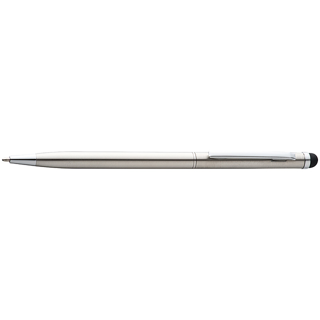 Guľôčkové pero z vysoko kvalitnej nerezovej ocele s pohodlnou dotykovou funkciou pre jednoduché ovládanie moderných dotykových displejov. Pero má modrú náplň. Ako potlač odporúčame gravírovanie.  - šedá - foto