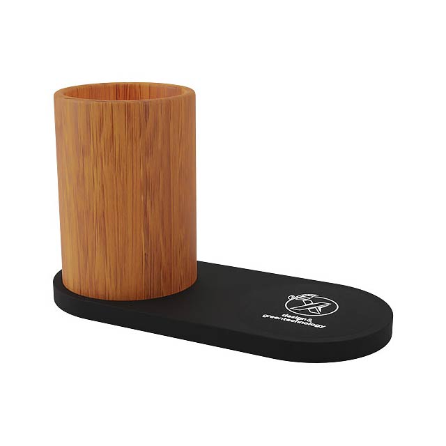 10 W bezdrátová nabíjecí podložka s bambusovým držákem na tužky a svítícím logem SCX.design W17 - drevo