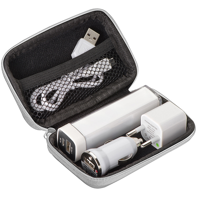Travel set - Powerbank, EU Plug, USB Charger - white