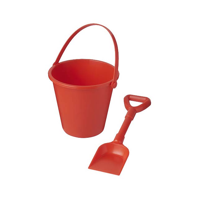 Plážový kbelík a lopatka z recyklovaného plastu Tides - transparentní červená
