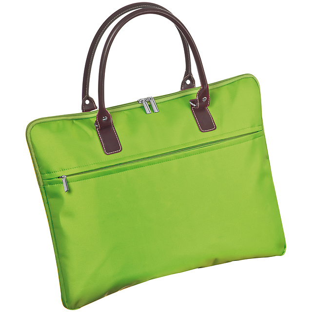 Nylon business bag with brown PVC carrying straps and padded side parts - lime