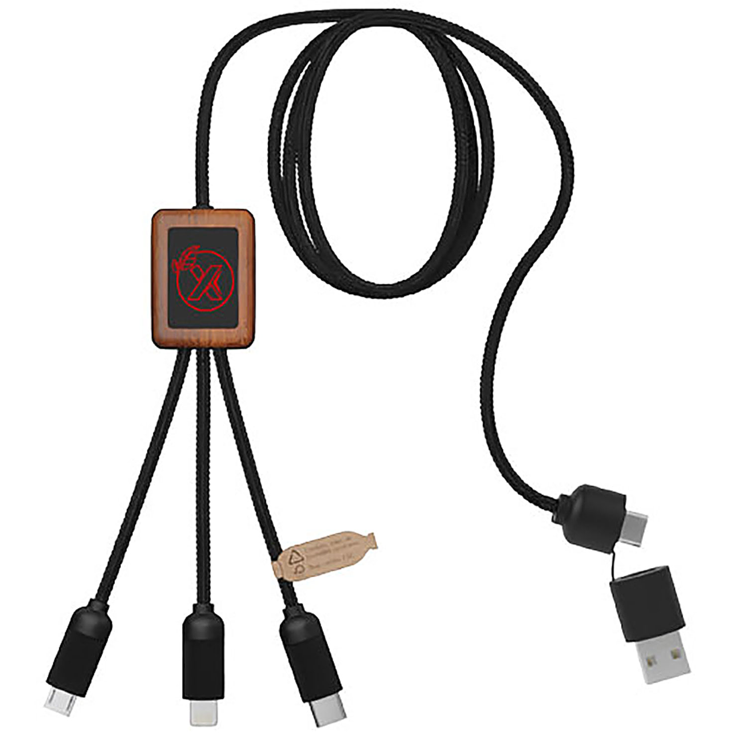 SCX.design C38 5-in-1 Ladekabel aus rPET in quadratischem Bambusgehäuse mit Leuchtlogo - Rot