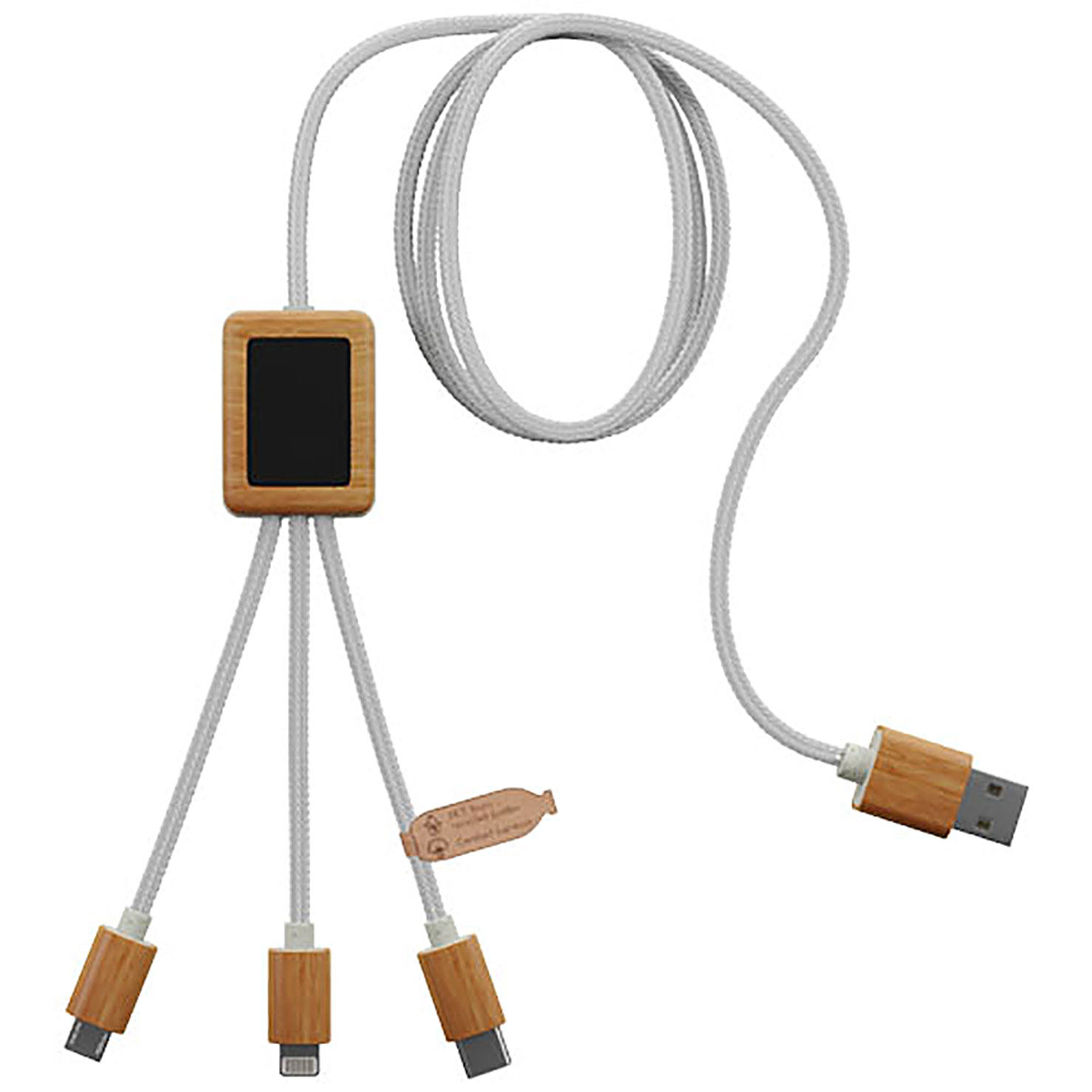 SCX.design C39 3-in-1-Ladekabel aus rPET mit Leuchtlogo und Bambusgehäuse - Weiß 