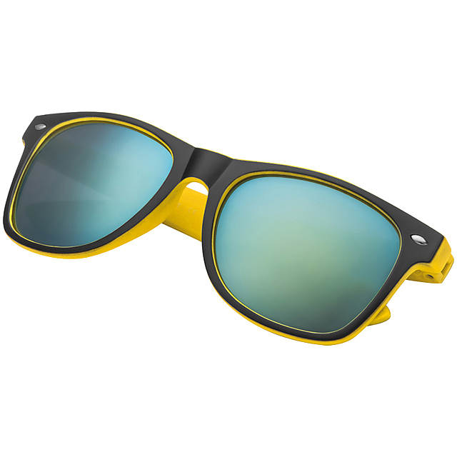 Štýlové dvojfarebné plastové slnečné okuliare so zrkadlovými šošovkami, ochranným filtrom UV 400, 3.kategória. Spôsob potlače tampónová potlač.  - žltá - foto