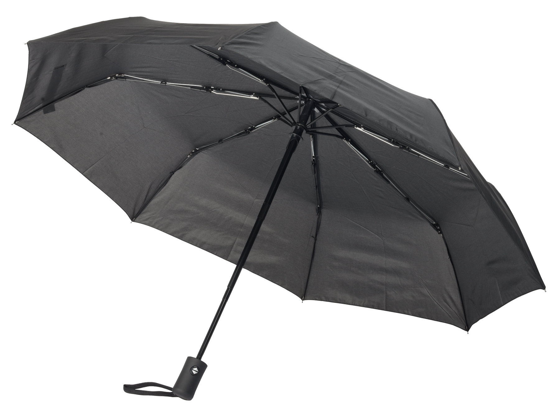 Automatický open/close větruvzdorný skládací polyesterový deštník PLOPP pouzdro v odpovídající barvě: 3dílná kovová konstrukce, žebra kombinace kov a sklolaminát, kovové špičky, pogumovaná rukojeť s poutkem, zapínání na suchý zip  - černá - foto
