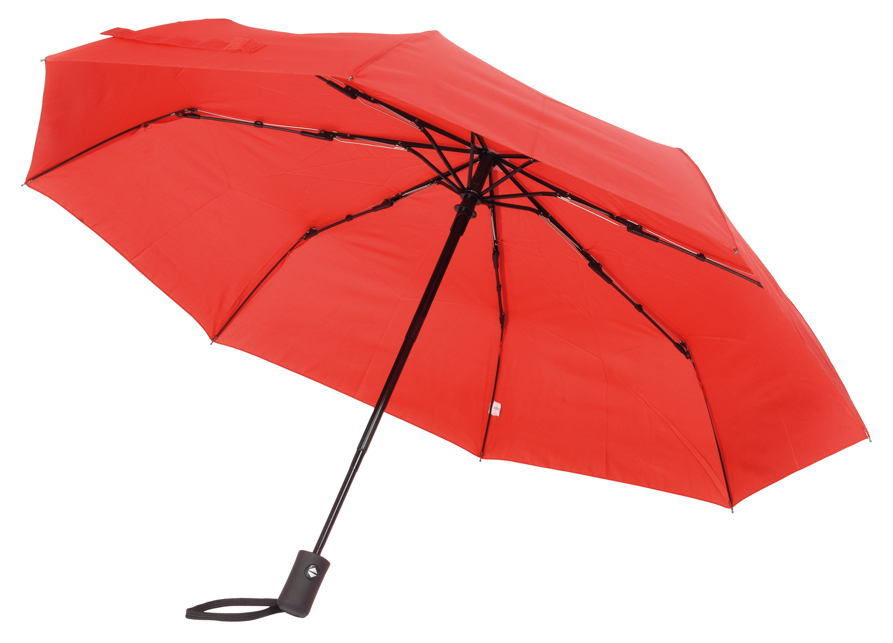 Automatický open/close větruvzdorný skládací polyesterový deštník PLOPP pouzdro v odpovídající barvě: 3dílná kovová konstrukce, žebra kombinace kov a sklolaminát, kovové špičky, pogumovaná rukojeť s poutkem, zapínání na suchý zip  - červená - foto