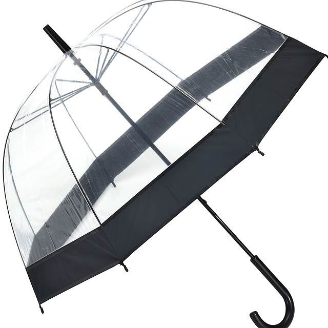 Deštník ve tvaru zvonu HONEYMOON: kovová hůl a žebra, plastové hroty a horní část, plastová rukojeť, průhledný povrch POE s barevným rámečkem, uzavření tlačítkem  - čierna - foto
