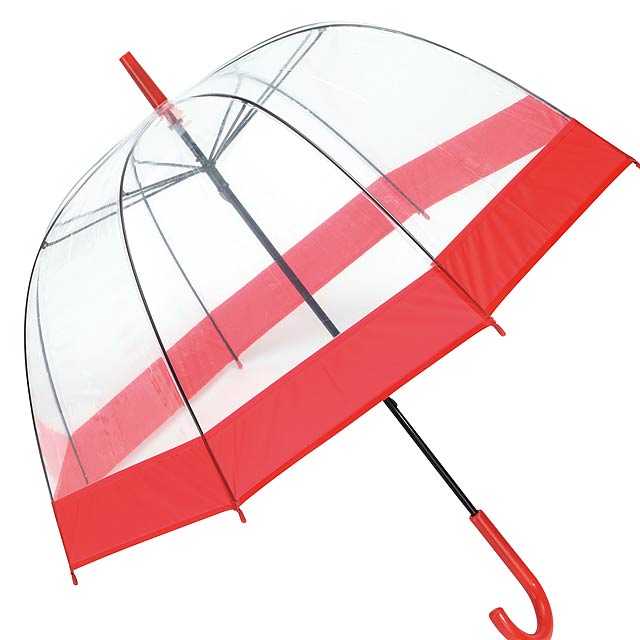 Deštník ve tvaru zvonu HONEYMOON: kovová hůl a žebra, plastové hroty a horní část, plastová rukojeť, průhledný povrch POE s barevným rámečkem, uzavření tlačítkem  - červená - foto