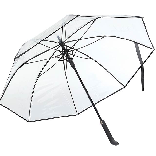 Automatický deštník VIP:  kovová hůl, barevná žebra ze skleněných vláken s kovovými hroty, plastová průhledná střecha, plastová rukojeť s integrovaným tlačítkem, průhledný povrh POE s barevným okrajem, uzavření pomocí tlačítka  - černá - foto
