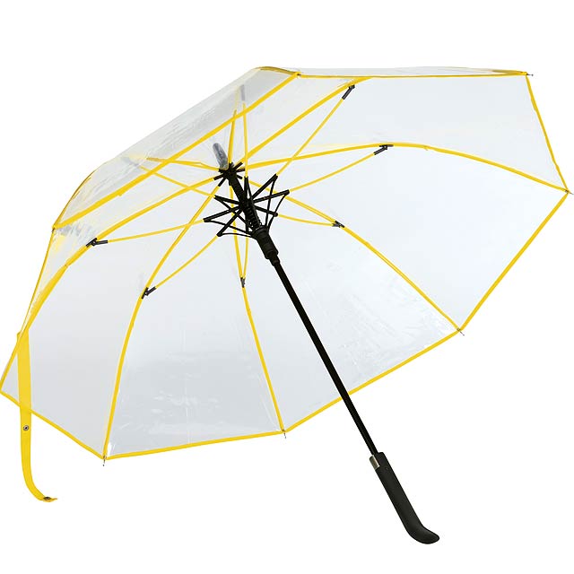 Automatický deštník VIP:  kovová hůl, barevná žebra ze skleněných vláken s kovovými hroty, plastová průhledná střecha, plastová rukojeť s integrovaným tlačítkem, průhledný povrh POE s barevným okrajem, uzavření pomocí tlačítka  - žlutá - foto