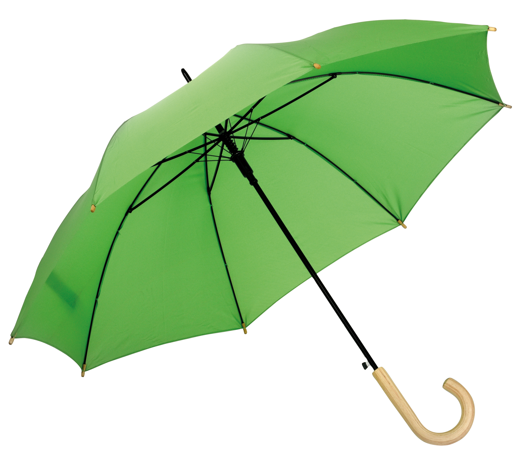 Automatický dřevěný deštník LIPSI: kovová žebra, dřevěné hroty a dřevěná zakřivená rukojeť, polyesterový povrch vyroben z recyklovaných plastů, zapínání na suchý zip  - citrónová - limetková - foto