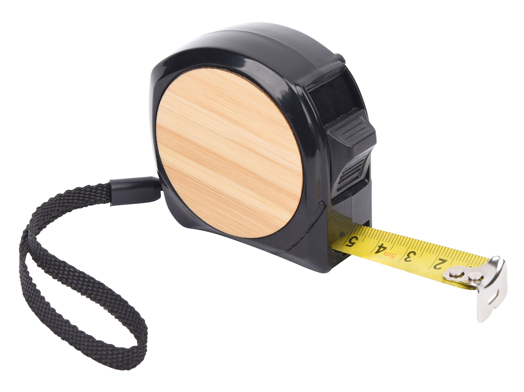 Metr BAMBOO MEASURE: s klipem, páskem na zápěstí a žlutou měřicí páskou v cm, automatický s aretací, bambusový štítek pro tisk, 5 m  - dřevo - foto