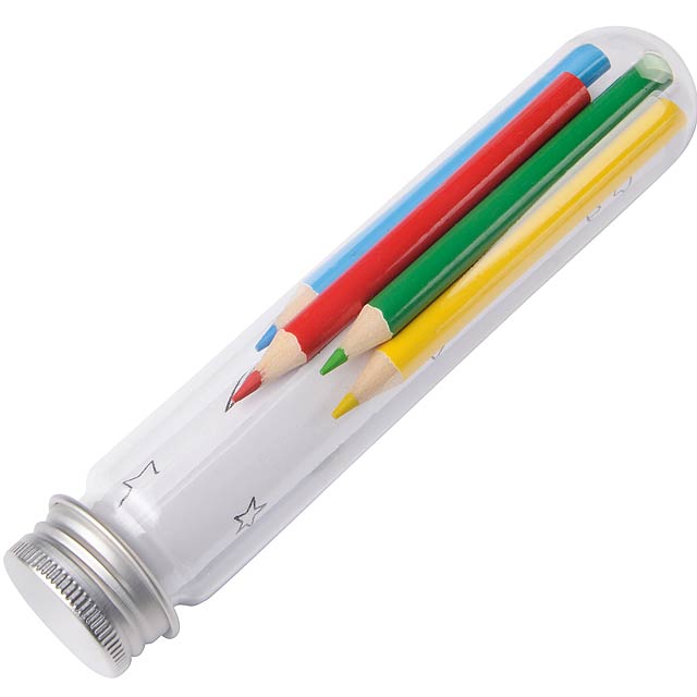 Omalovánky TUBY  , v plechovce: 4 tužky v různých barvách, ořezané, 5 omalovánek s různými vzory k vybarvení  - stříbrná - foto