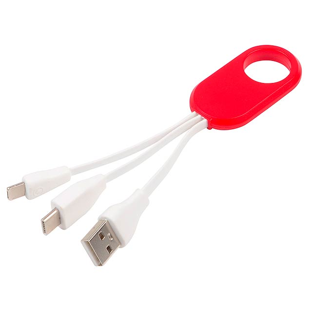 Nabíjací kábel GET THREE: pre nabíjanie elektronických zariadení, vrátane 2 nabíjacích konektorov: USB typ C a kombinovaná zástrčka Micro-USB / Lightning  - červená - foto