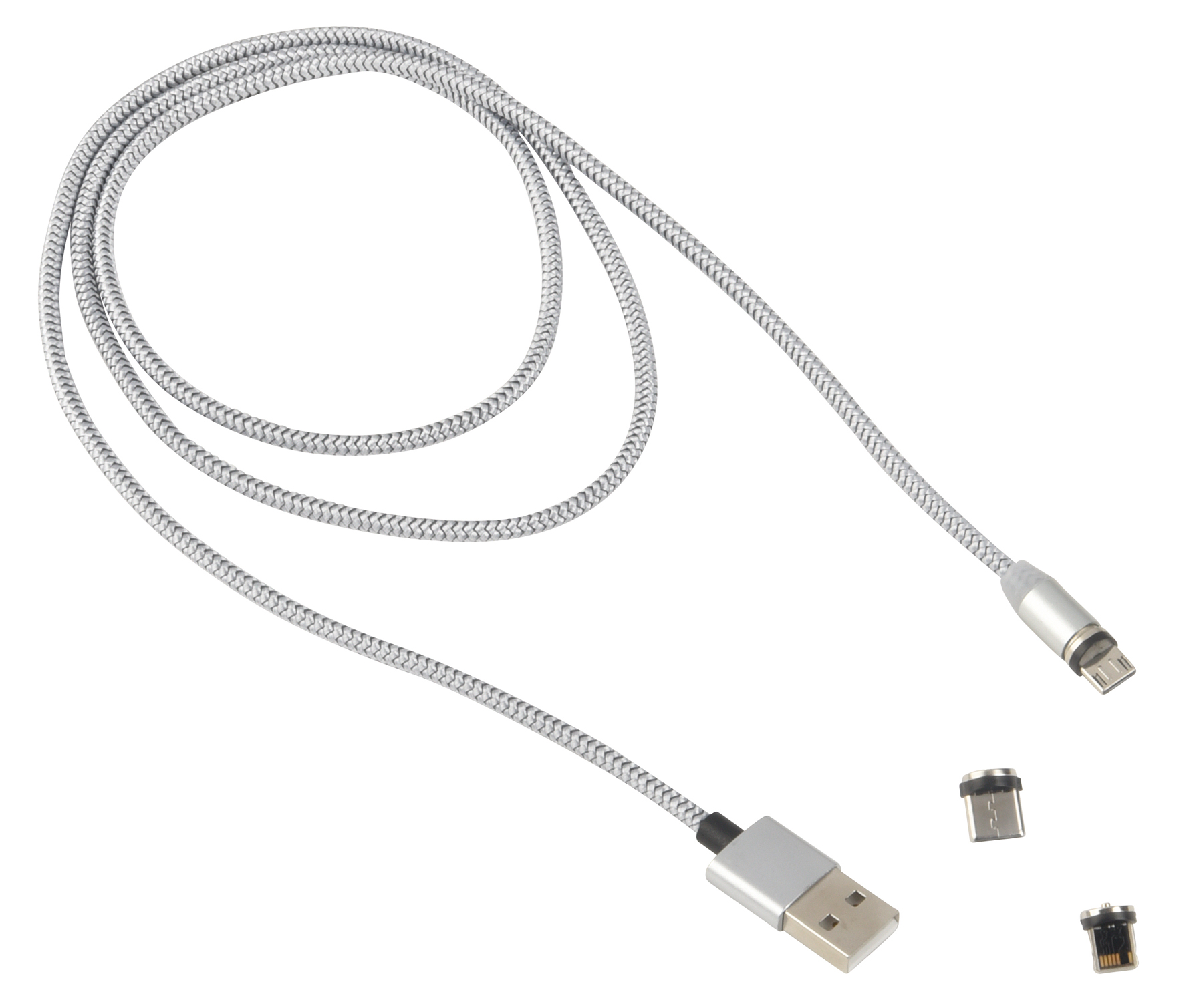 Nabíjecí kabel MAG POWER: pro nabíjení elektronických zařízení, vč. 3 adaptéry (USB Type-C, Micro-USB a Lightning), délka cca. 100 cm adaptér se zasune do zařízení, které je třeba nabít, a zůstane tam, přičemž spojení s kabelem se vytvoří magneticky  - stříbrná - foto