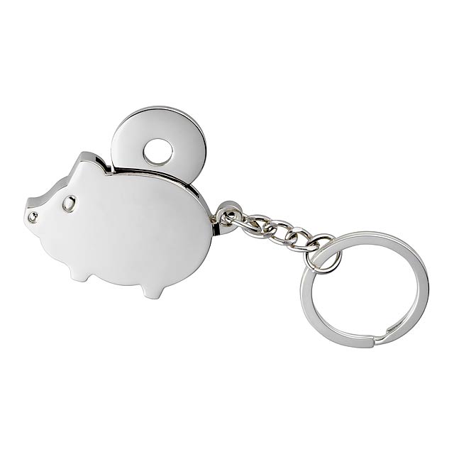 Kovový přívěšek na klíče CHAMBA: ve tvaru prasátka, se zabudovaným žetonem ve tvaru 1 EUR mince, místo pro Vaši reklamu na přívěšku a žetónu  - stříbrná - foto