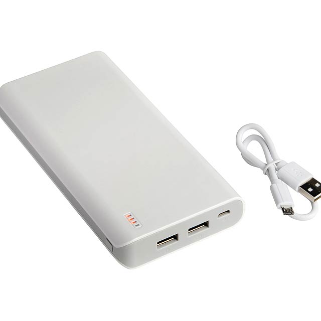 Powerbanka STORAGE - perfektní napájení na cestách: vhodné pro současné smartphony a USB zařízení, indikátor úrovně nabití stiskem tlačítka, USB kabel s konektorem USB TYP C (délka: přibližně 30 cm) ), dva USB porty, vstupní výkon: 5V / 2A, výstupní výkon: 5V / 2,1A a 5V / 1A, kapacita: 20 000 mAh, výkonná dobíjecí baterie  - bílá - foto
