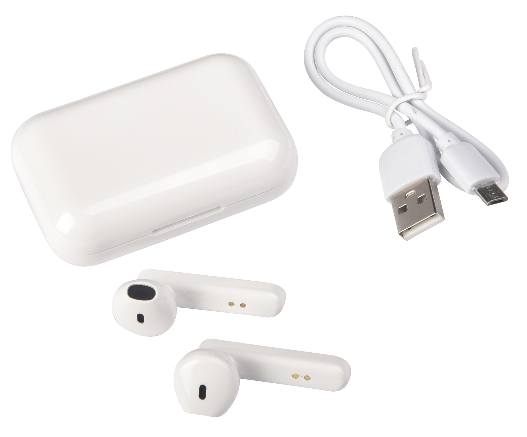 Bezdrátová sluchátka do uší TWINS: vč. funkce hlasitého odposlechu, dosah: cca. 10 m, tlačítko pro příjem a ukončení hovoru i funkce stop vpřed a vzad, možný stereo i mono provoz, vč. USB nabíjecí kabel s Micro-USB konektorem (délka cca 20 cm), modrá LED kontrolka nabíjení, úložný box je zároveň nabíjecí stanicí, kapacita sluchátek: 30 mAh, nabíjecí stanice: 300 mAh  - bílá - foto