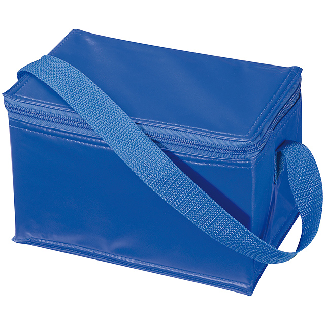 Mini chladiaca taška z nylonového materiálu na 6 x 0,33 litrových plechoviek, s uškom. Vhodná najmä pri cestovaní. Ako potlač odporúčame sieťotlač.  - modrá - foto