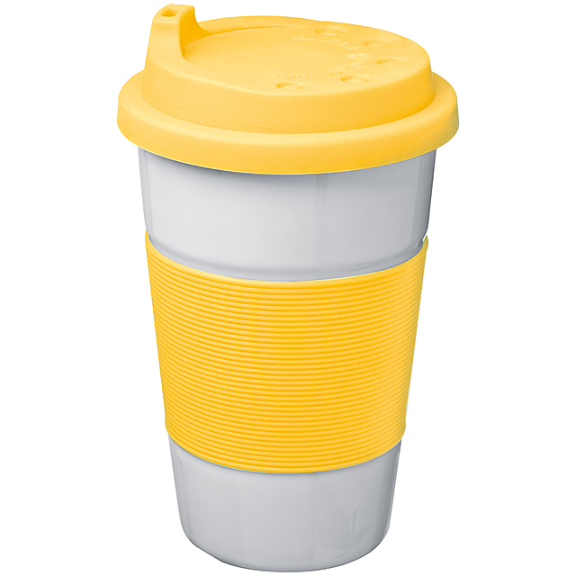 Porcelain mug with silicone coating and cover - yellow