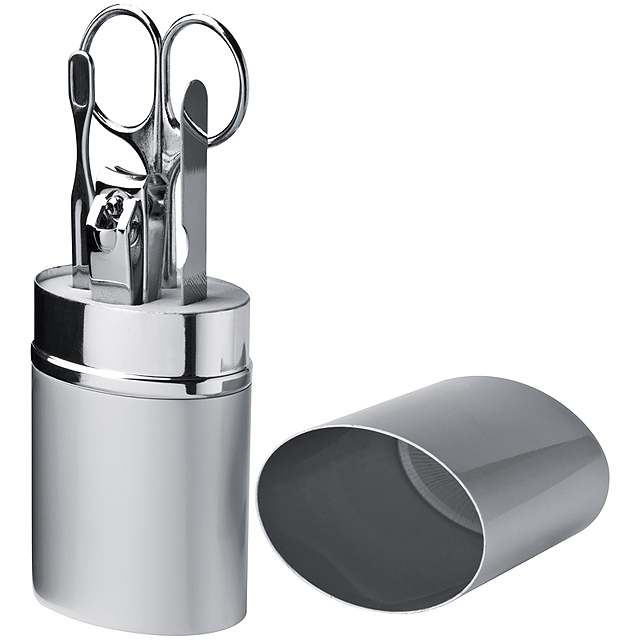Manicure set in tubular metal case - grey