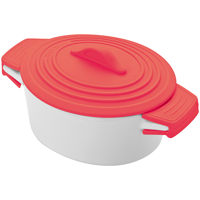 Porcelain pot with siliconee lid and heat protected handles - red
