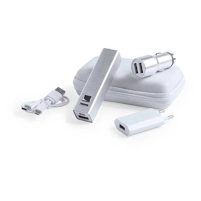 Tilmix sada USB nabíječky a power banky - stříbrná