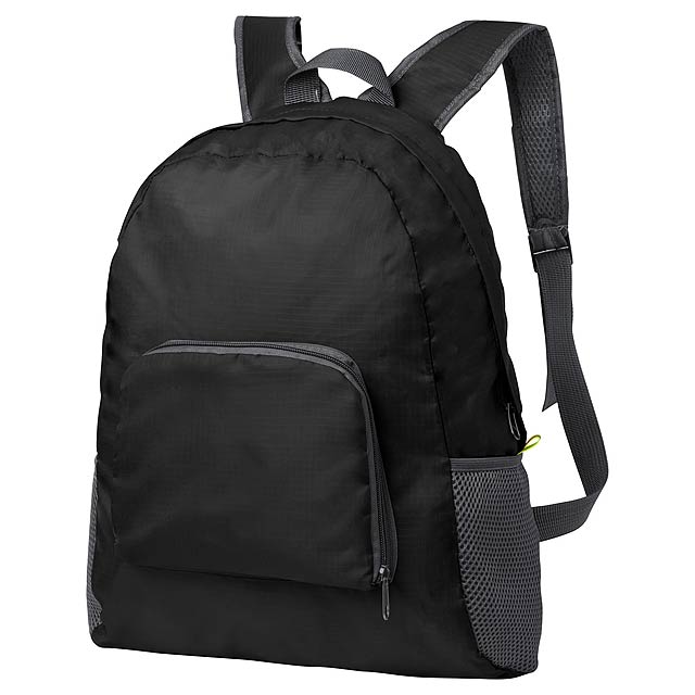 Skládací batoh s kapsami na zip, nastavitelným ramenním popruhem a bočními kapsami ze síťoviny.  - čierna - foto