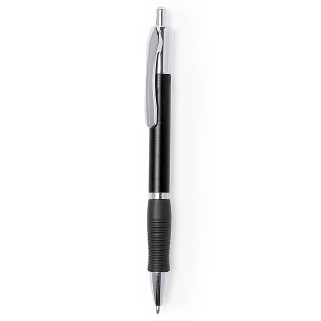 Plastové kuličkové pero s barevným gumovým úchopem a velkoobsahovou náplní.  - černá - foto