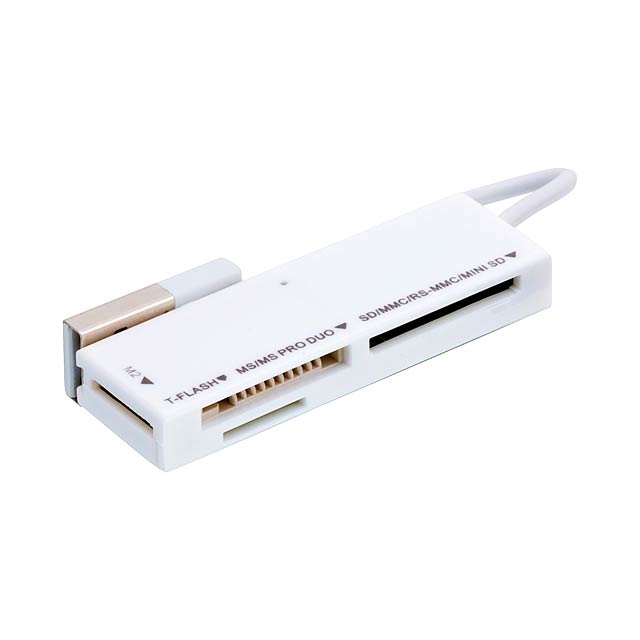Čtečka paměťových karet s připojením USB. Podporované karty: m², MS Duo, MS PRO DUO, MS, MS PRO, Micro SD, Mini SD, RS MMC, SD, MMC.  - bílá - foto