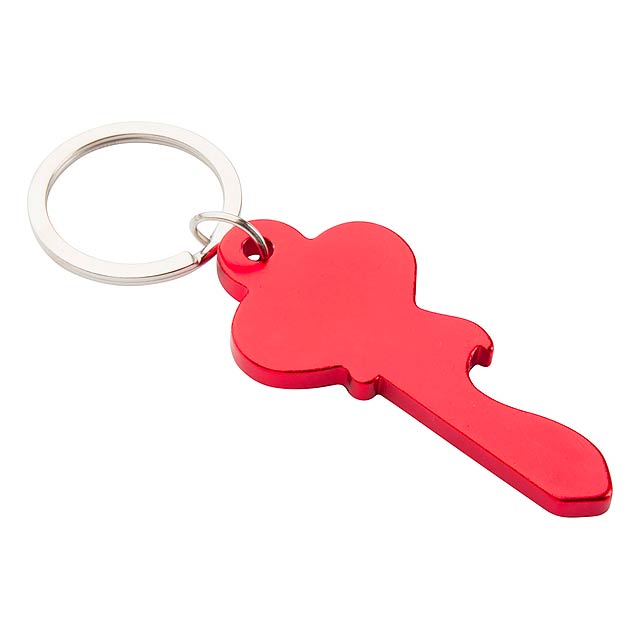 Hliníková klíčenka ve tvaru klíče s otvírákem.  - červená - foto