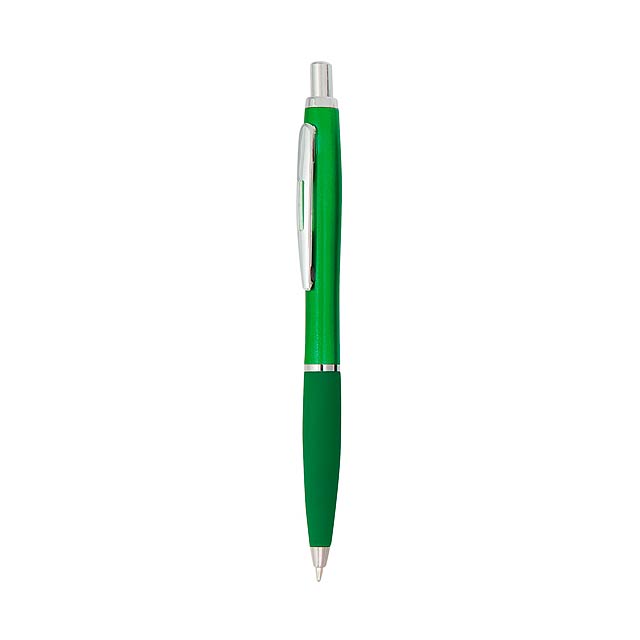 Plastové kuličkové pero s gumovou rukojetí. Dodává se s modrou náplní.  - zelená - foto