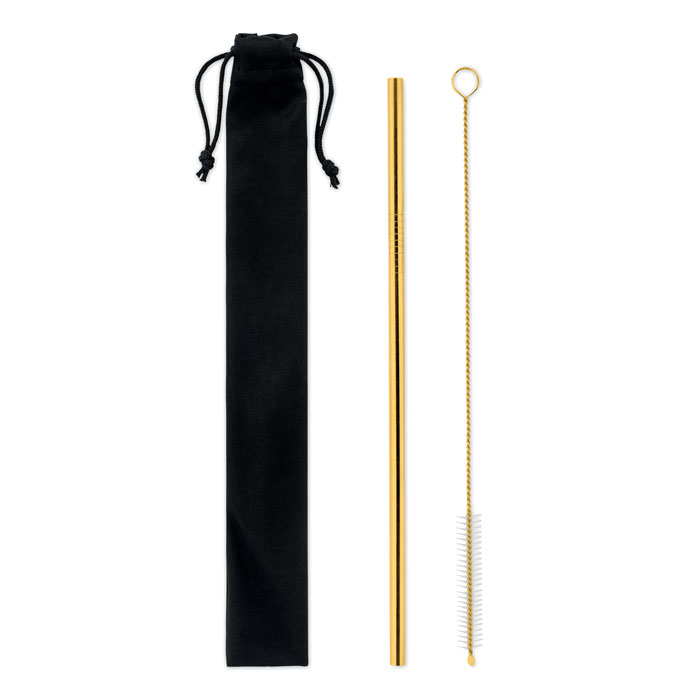 SS straw and brush in pouch - COLD STRAW COLOUR - gold