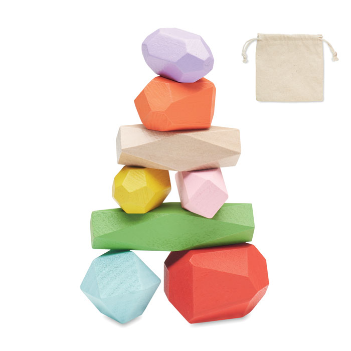 8 stacking wood rocks in pouch - DOLMEN - beige